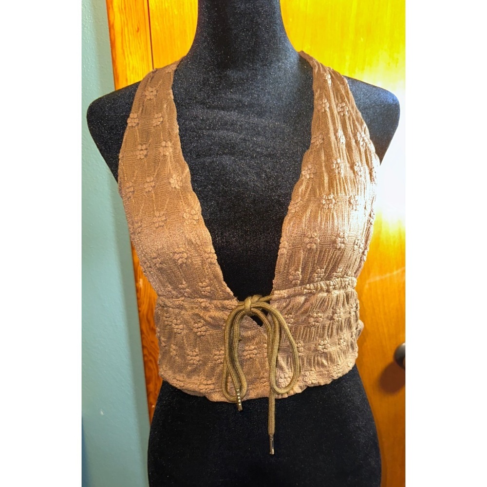 Cider Brown Floral Textured Halter Drawstring Beach Festival Summer Crop Top S